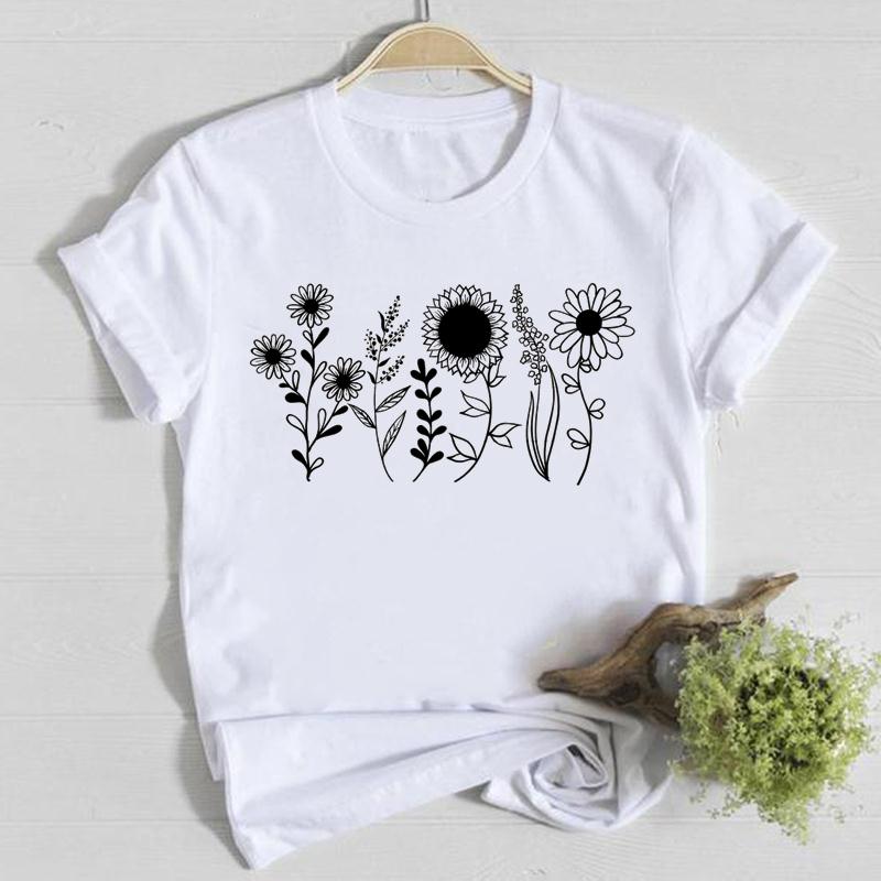 Blume Frühling Rundhals T-Shirt Top Shirt Damen Kleidung Mode T-Shirt Sommer Damen T Kurzarm Lässig Grafik T-Shirts