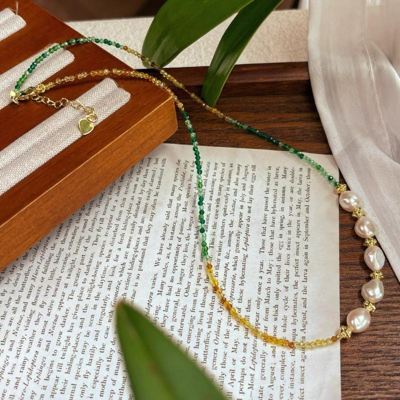 Gold Plated Gradient Green Yellow Tiny Crystal Bead Choker With Baroque Pearl разноцветный