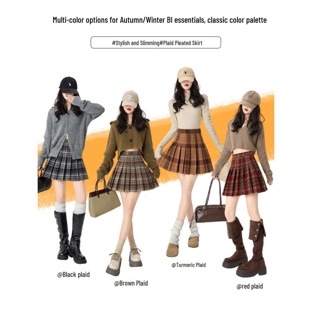 Korean Style Wool Plaid Pleated Mini Skirt for Women - High Waist A-line Slimming Design