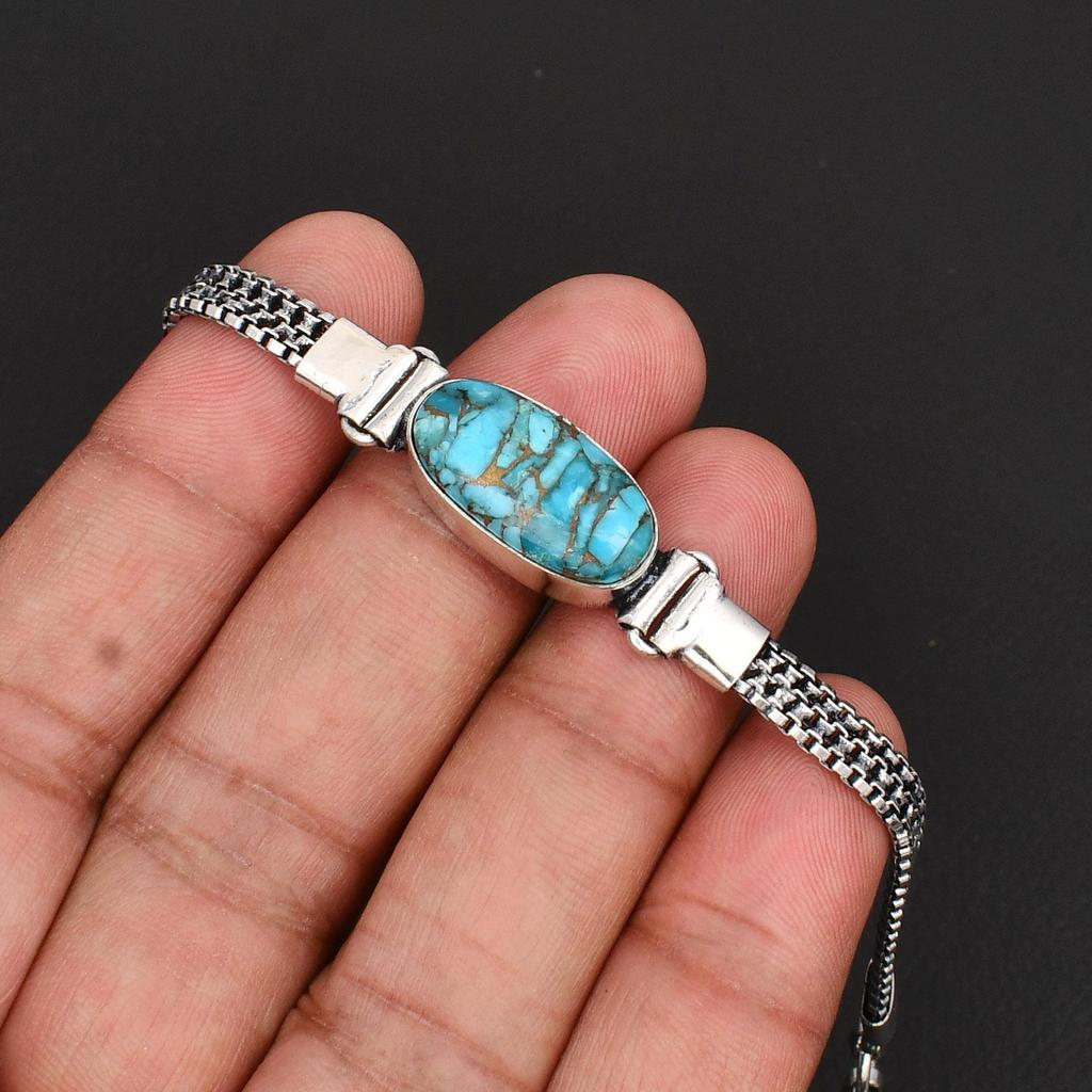 Türkis Ovaler Edelstein 925 Sterlingsilber Gliederarmband für Damen Handgefertigter Vintage Schmuck Geschenk