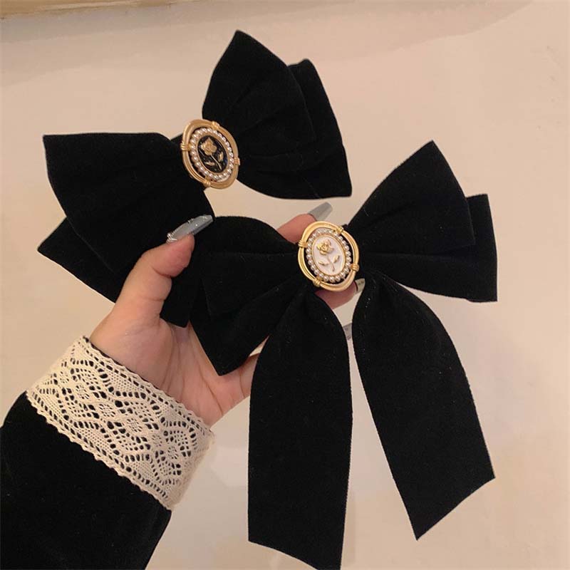 New Black Velvet Bow Hairpin for Women Elegant Fabric Alloy Roses Ponytail Hair Clips Barrette Heawear Hair Accessories
