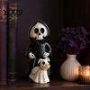 3D Carved Skeleton Decoration Grim Reaper & Ghostly Puppy Resin Figurine, Black Robed with Cute Mini Halloween Figurine 13cm Ghost Dog