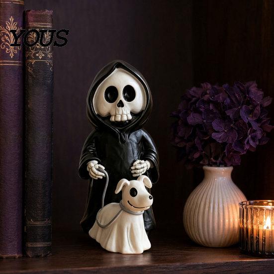 3D Carved Skeleton Decoration Grim Reaper & Ghostly Puppy Resin Figurine, Black Robed with Cute Mini Halloween Figurine 13cm Ghost Dog