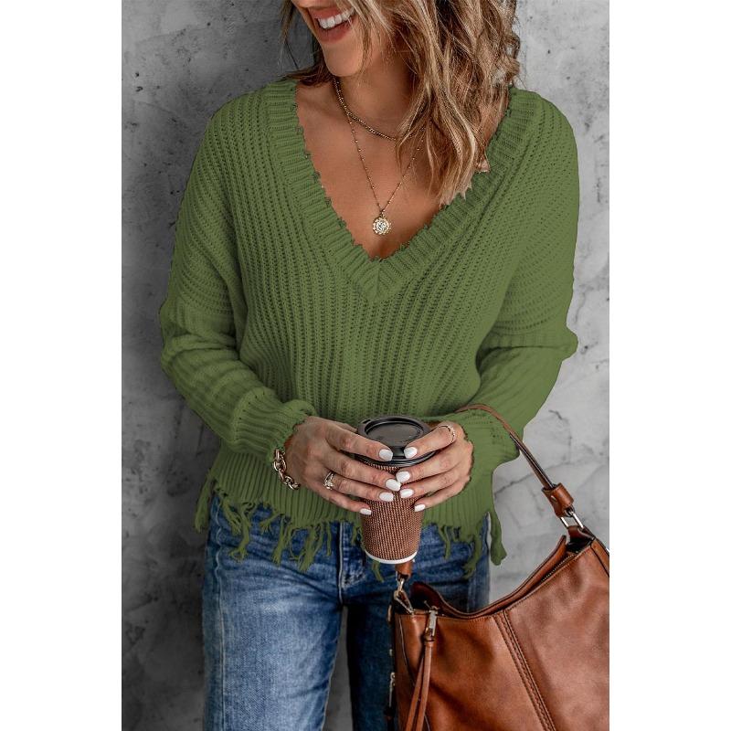 Autumn and Winter Fashion New Style Gray Cotton V-neck Long-sleeved Tassel Ripped Sweater, Casual Loose Blue Ladies Pullover Sweater  Top AL6101