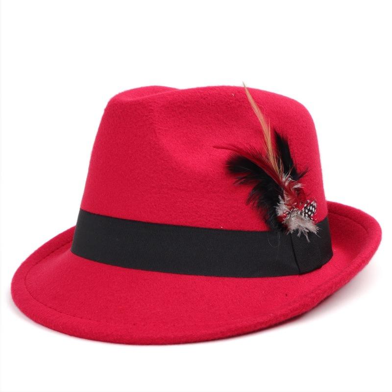 Vintage Jazz Feather Fedora Hat for Men Women Fashion Wide Brim Wool Felt Panama Trilby Cap