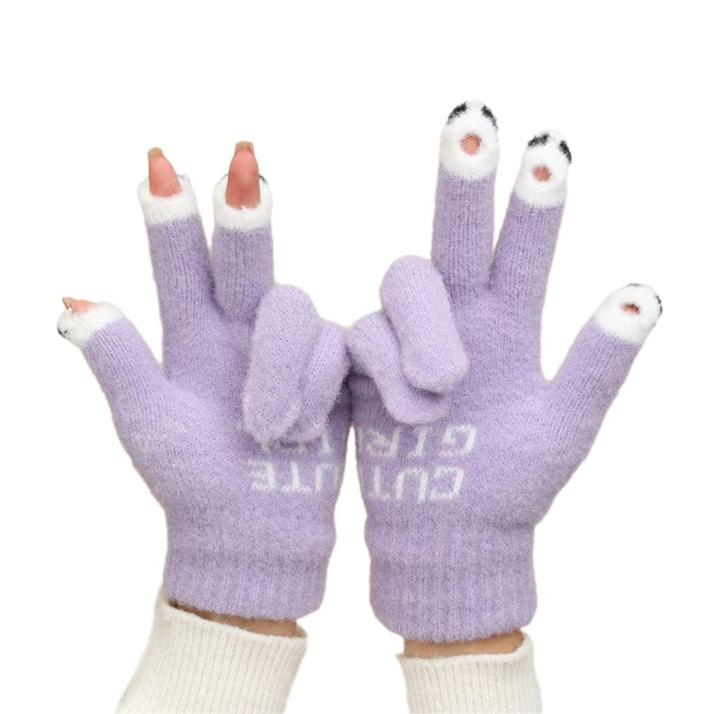 Knitted Touchable Screen Gloves Winter Full Finger Mittens Stretchy Warm Three Finger Exposed Gloves for Girls Teens