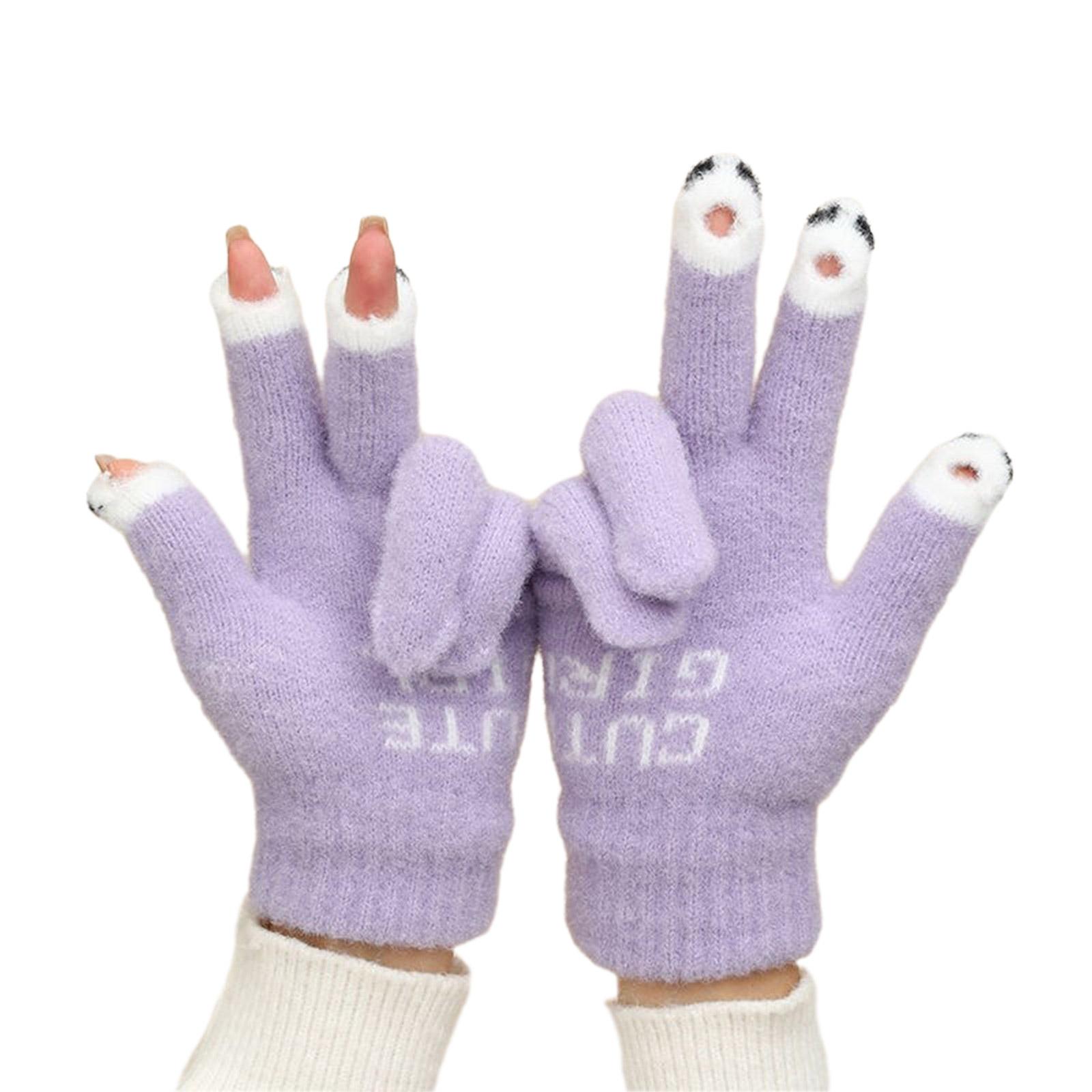 

Knitted Touchable Screen Gloves Winter Full Finger Mittens Stretchy Warm Three Finger Exposed Gloves for Girls Teens 2
