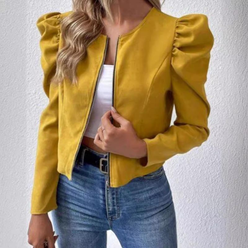 New Spring Autumn European American Solid Color Round Neck Zipper Puff Long Sleeve Jacket for Women