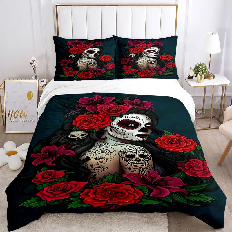 3pcs Sugar Skull Duvet Cover Set, Soft Comfortable Duvet Cover,Guest Room (1*Duvet Cover + 2*Pillowcase, Without Core) yy251104162