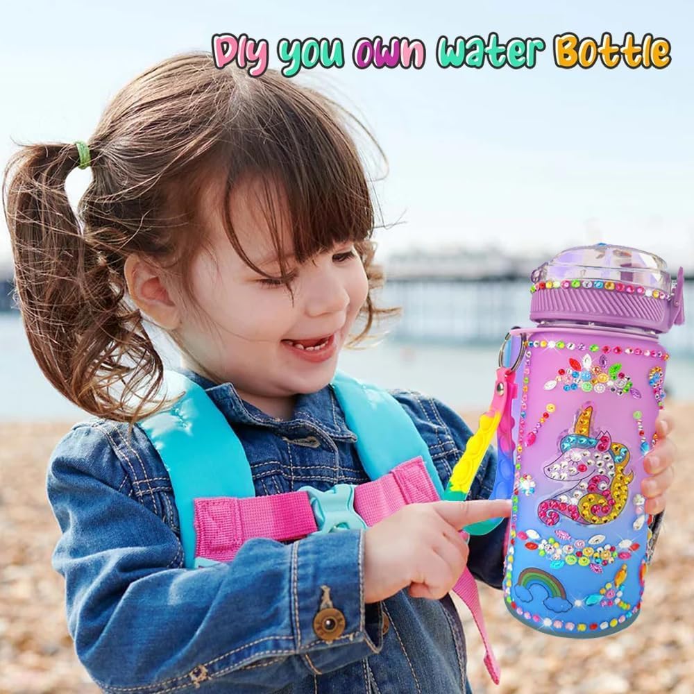 Creative DIY Gemstone Kids Water Bottle 600ml Rainbow Unicorn for School & Outdoor, Holiday Gift for Boys Girls Age 4-6-8-10, Multicolor