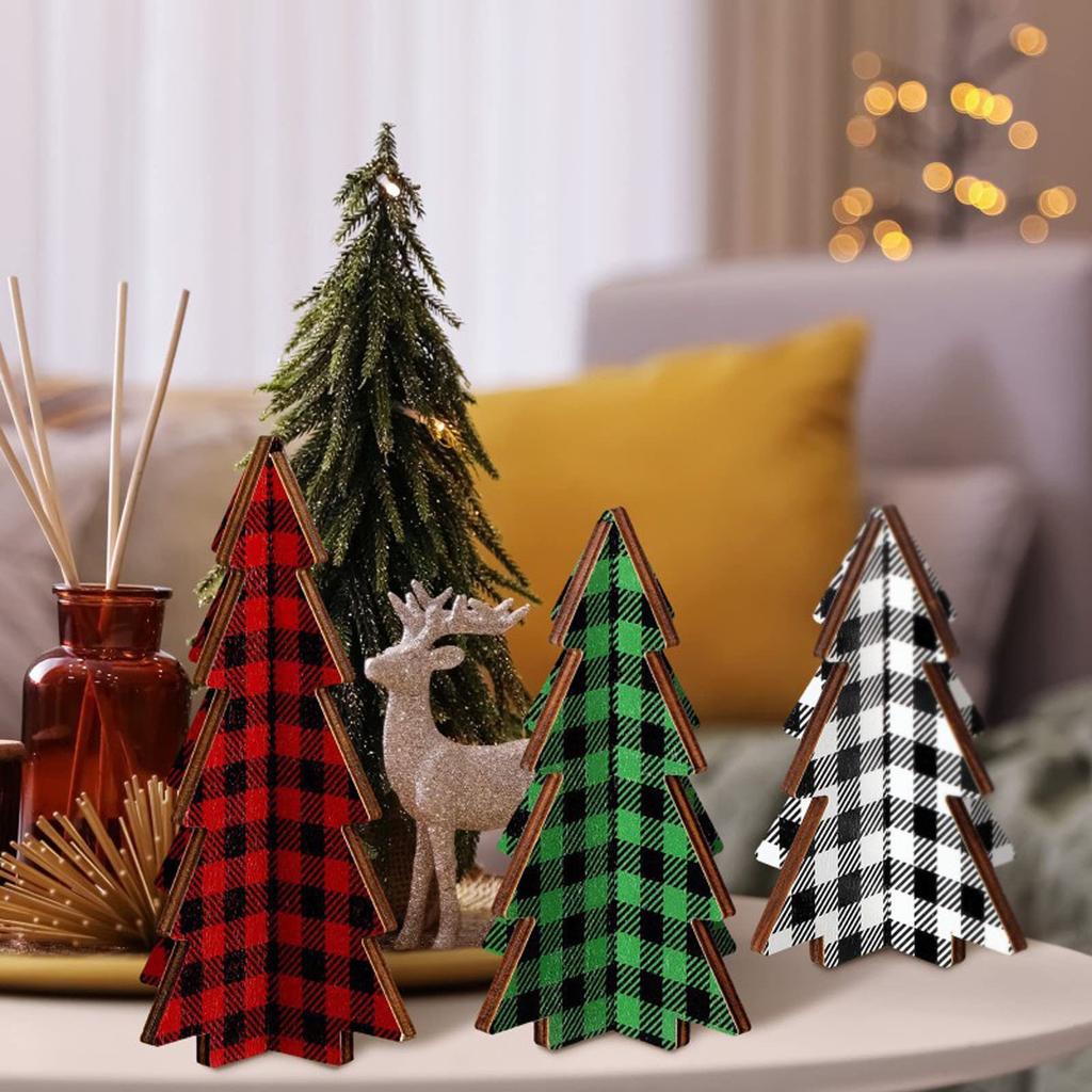 3 Pieces Christmas Decor Plaid Christmas Tree Decorations Set Of, 3D Wooden Tabletop Trees, 5.5 Inch Height, Holiday Home Decor (Plaid Style)