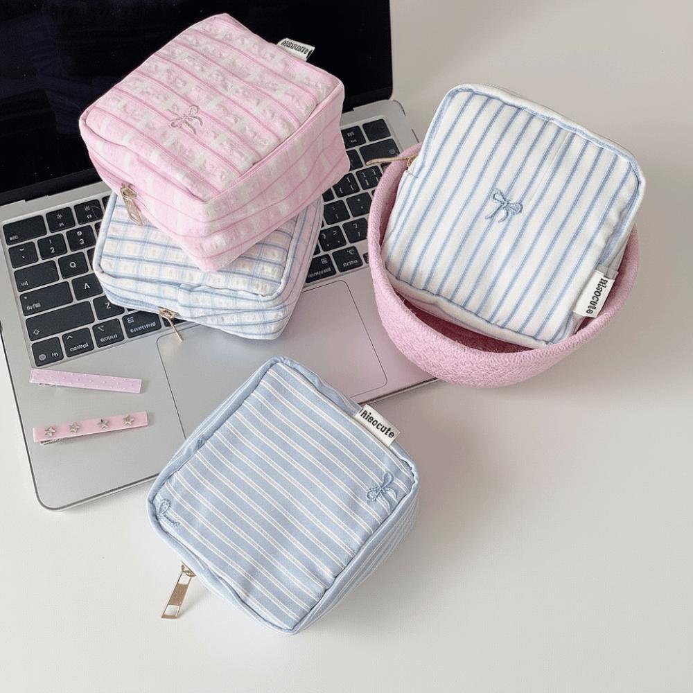Embroidery Bow Knot Mini Cosmetic Bag Striped Sanitary Napkin Storage Bag Toiletry Organizer