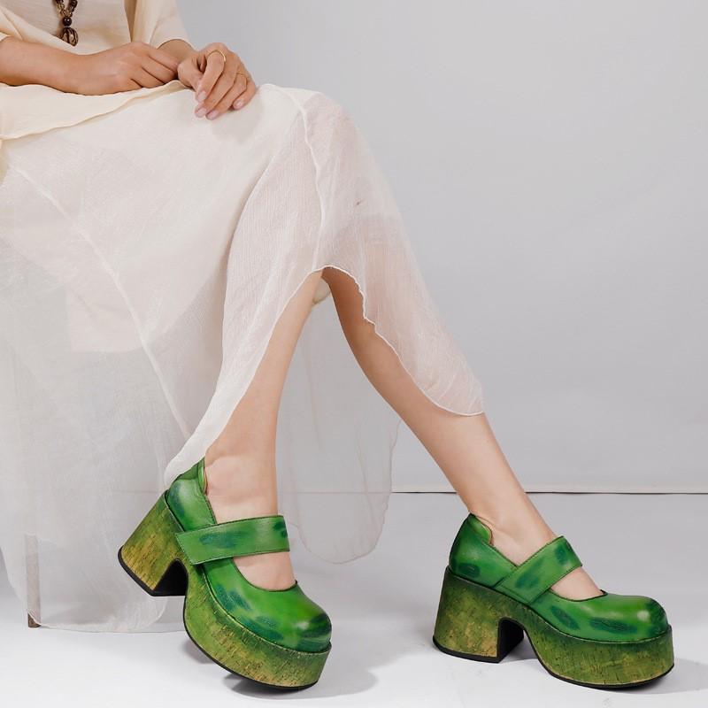 Johnature Zapatos de plataforma de mujer de moda versátiles poco profundos con punta redonda y tacones gruesos de cuero genuino retro