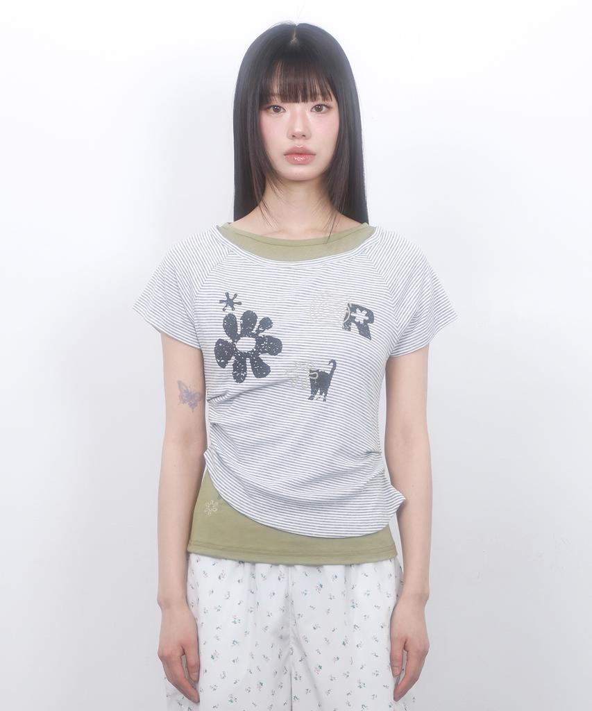 LMR Motif Embroidered Striped Layered T-Shirt Green