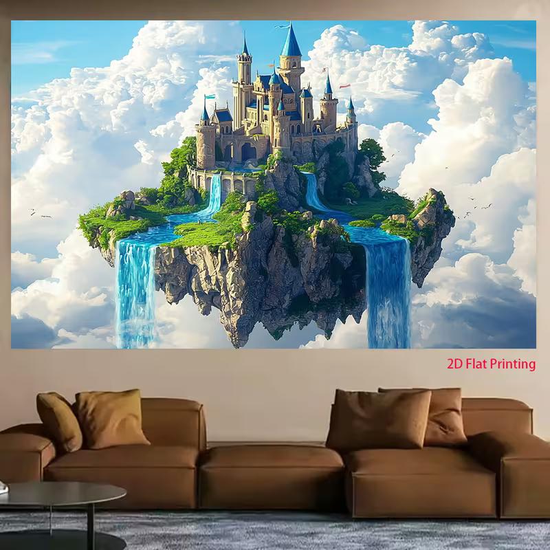 2D Enchanted Sky Tapestry, Dreamy Cloud Castle with Blue Waterfalls Background Cloth