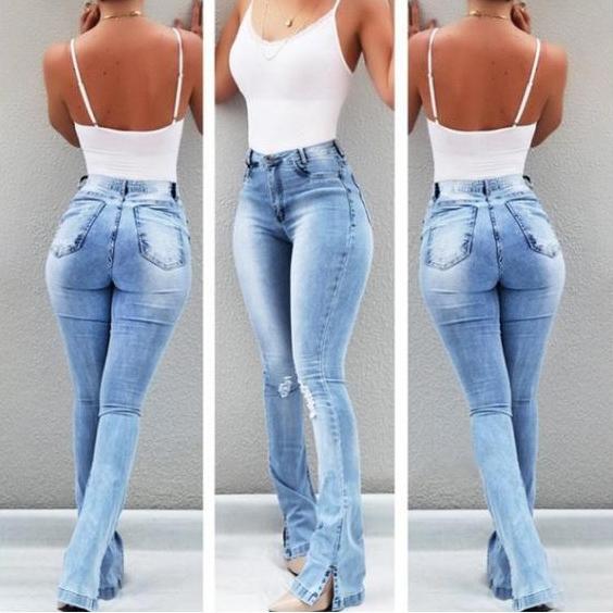 Bahar Moda Esnek Bölünmüş Flare Yüksek Bel Kot Ofis-bayan Seksi Katı Bölünmüş Kot Kadın Moda Ince Yırtık Flare Pantolon Cepler Pantolon