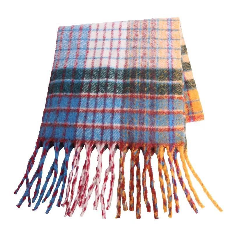Korean Version of Mohair Rainbow Plaid Scarf Women's Autumn and Winter Popular Versatile Shawl High-end Imitation Cashmere Warm Scarf