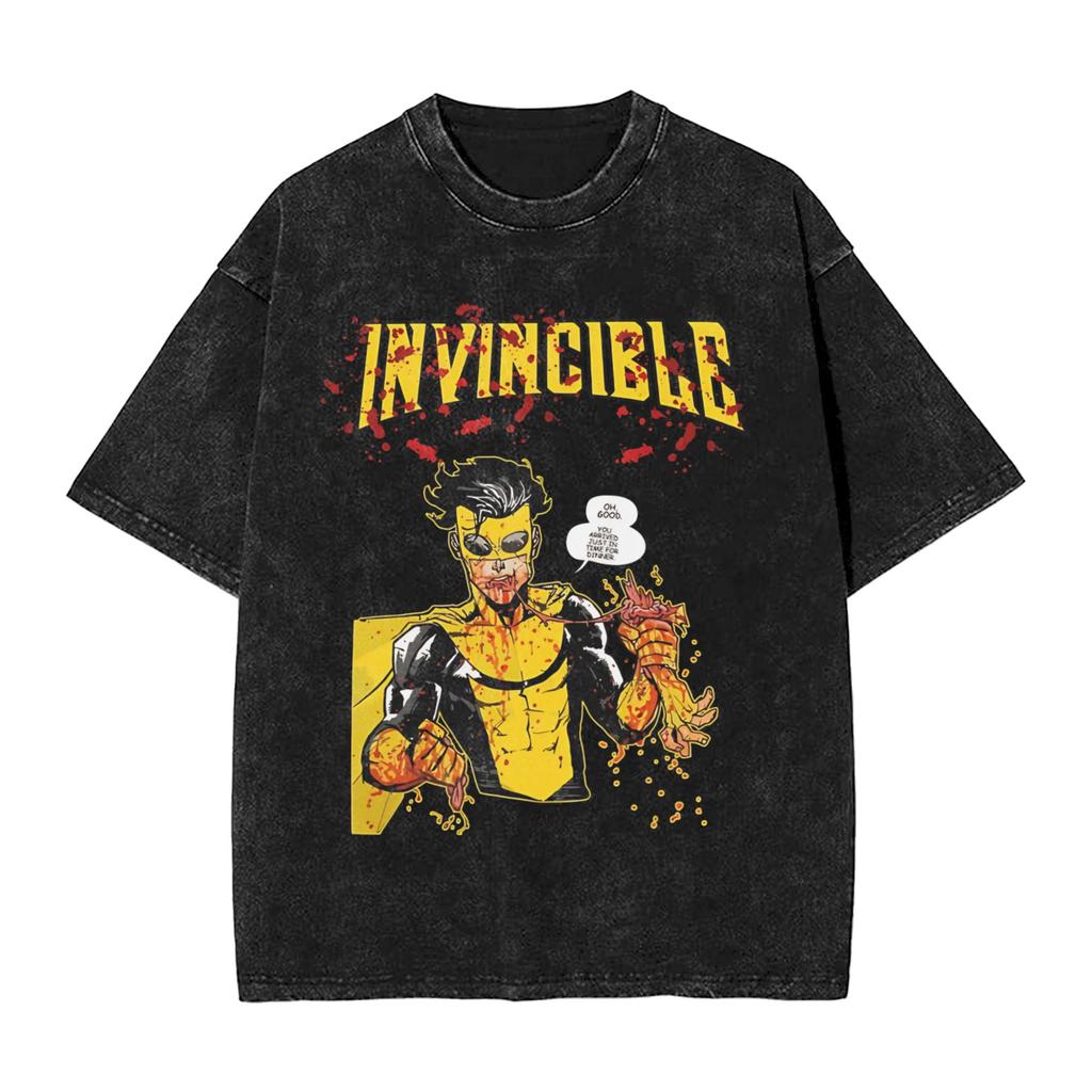 Conquest Invincible Comic Washed T Shirt Mens  Y2K Basic Cotton T Shirts Summer O Neck Hip Hop Tees Loose Oversized Clothing