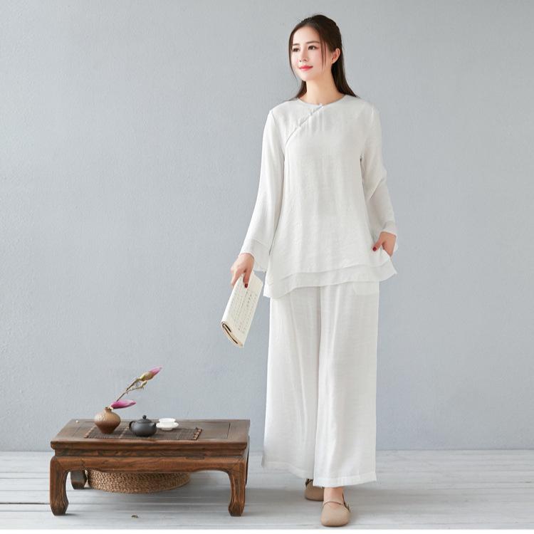 

Женский костюм для тай-чи из хлопка и льна: Дзенский китайский стиль с длинными рукавами и брюками широкого покроя M белый