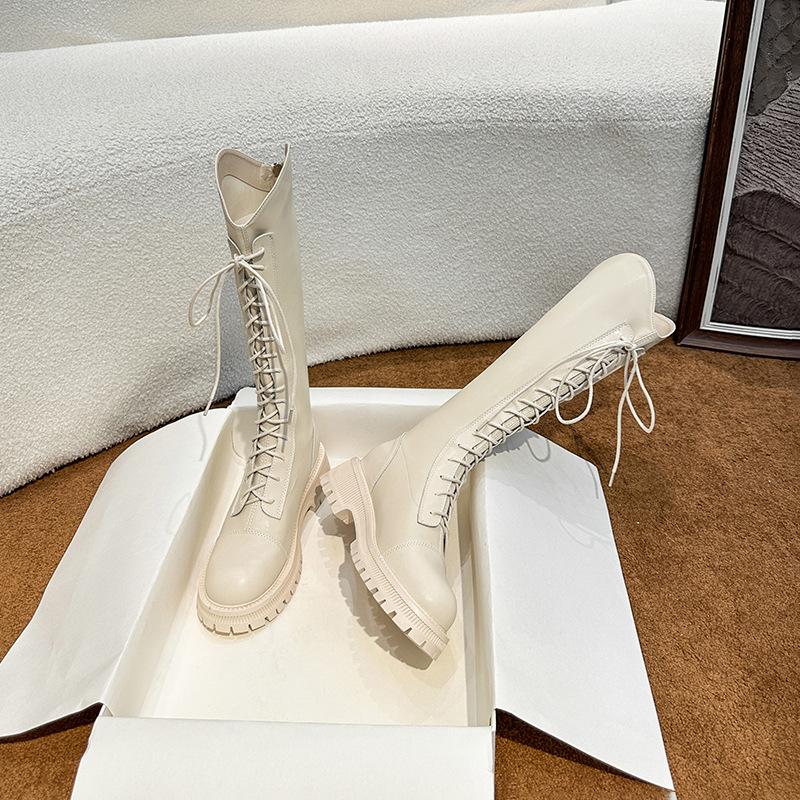 

Белые рыцарские сапоги женские осенне-зимние новые на толстой подошве ремешок длинные сапоги женские задняя молния высокие тонкие сапоги 35