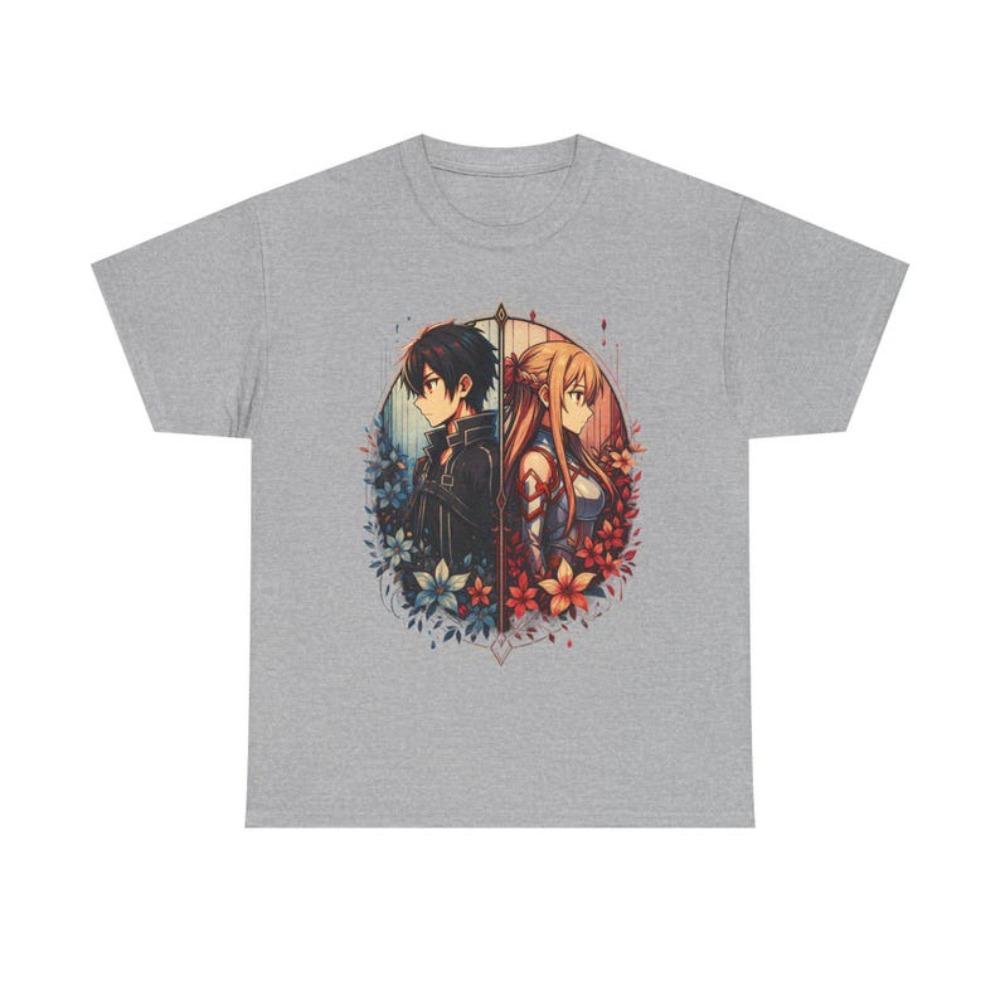 Oversized Black Short-Sleeve T-Shirt Featuring Sword Art Online Kirito & Asuna Split Portrait Floral Frame Graphic Print For SAO Fans & Anime Couples