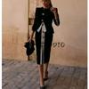 Spring New Women's Clothing Hepburn Style Polka Dot Stitching Skirt + round Neck Long Sleeves Button Decoration Suit Outwear