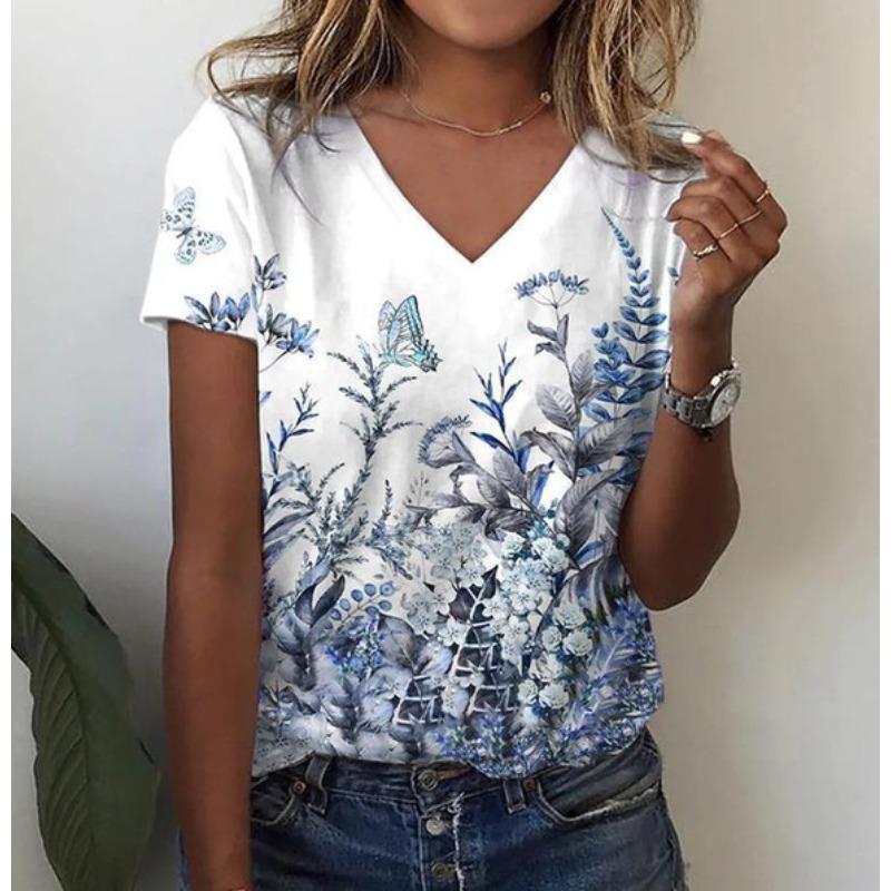 Women's 3D T-shirt Summer Women's Short V-neck Women's White Women's T-shirt