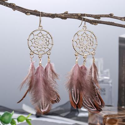 1 çift Retro Bohemia Kadın Kanca Küpe Tüy Püskül Yuvarlak Damla Küpe Saray Tarzı Dangle Küpe Takı Hediye