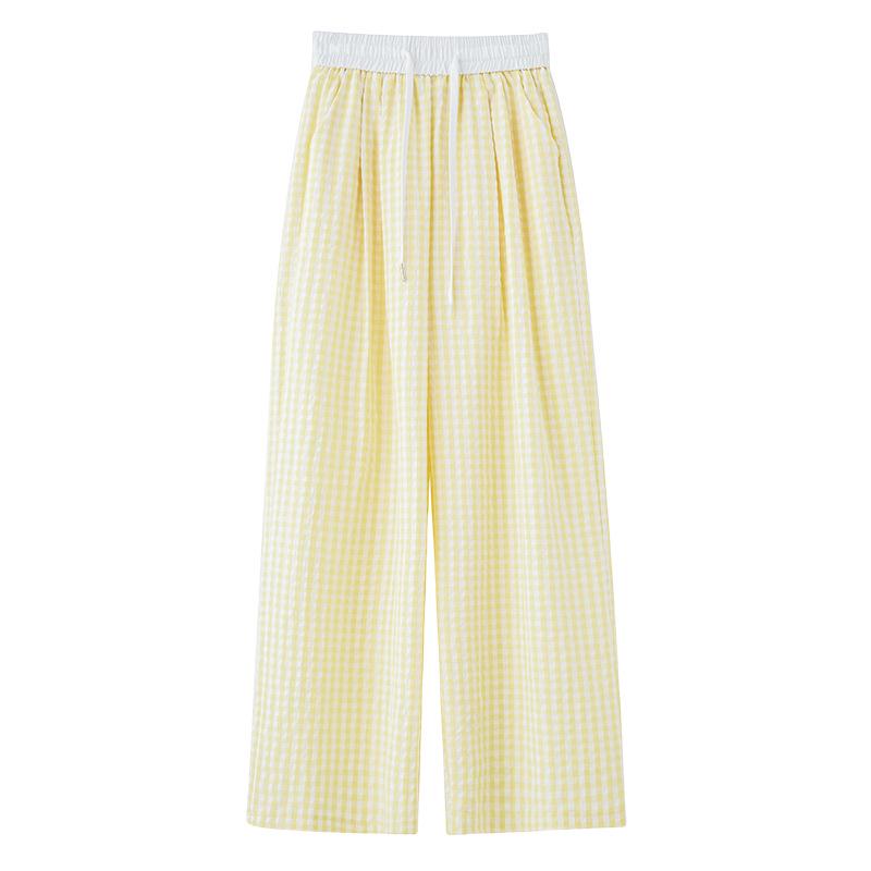 Petite Pink Plaid High Waist Wide Leg Summer Trousers for Women