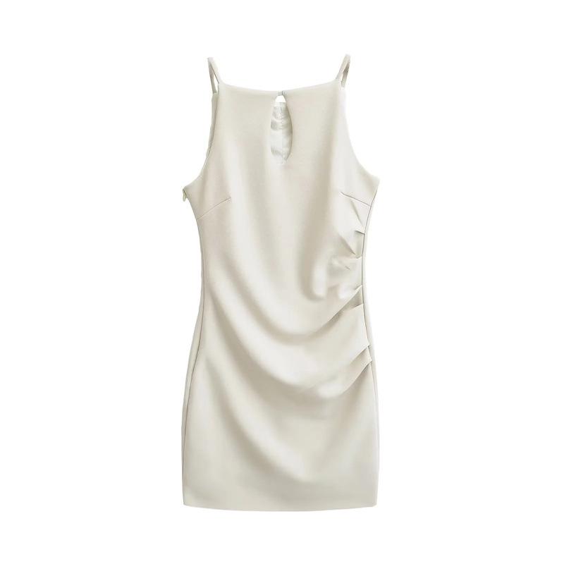 Retro Slim Off-the-Shoulder Pleated Bodycon Mini Dress