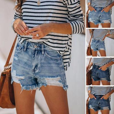 Damen Jeans-Shorts mit hoher Taille, lässig, zerrissen, Used-Look, mit Taschen