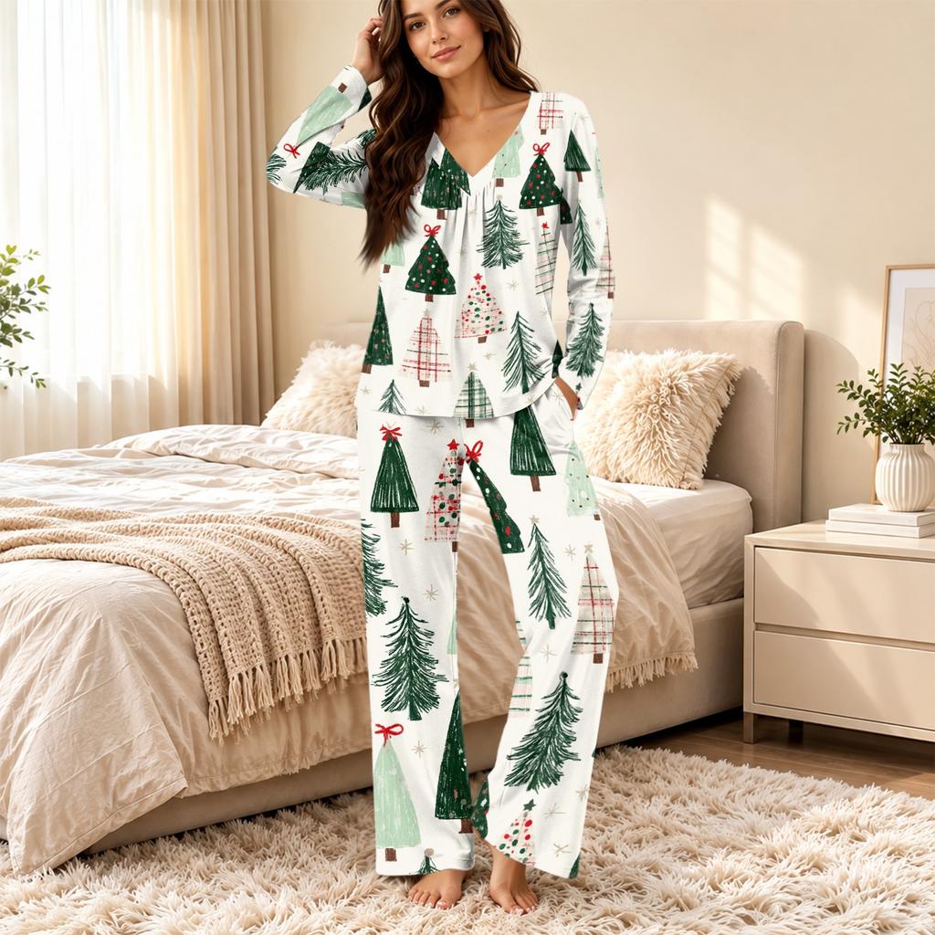 Women's Casual Fashion V-neck Loose Christmas Printed Pajamas Pajamas Set