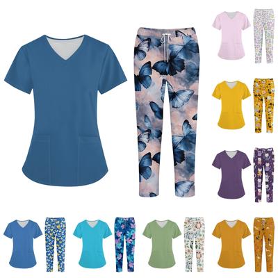 Plus SizePrinted Scrub Working Uniform Tops For Women's Cross V-Neck Halloween Print Short Sleeve Fun T-Shirts Workwear Tee With Pockets
