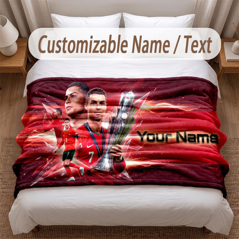 Cristiano Ronaldo Printed Flannel Blanket Custom Name Text Soft Warm Throw For Bedroom Holiday Gift