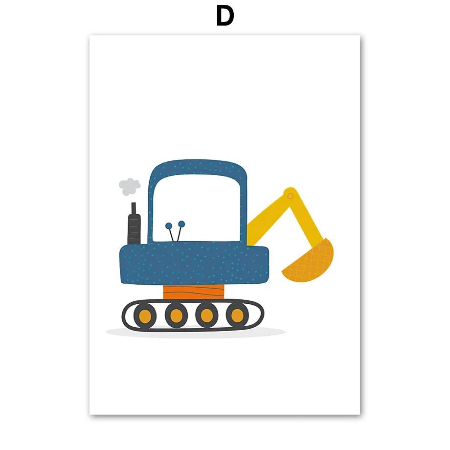 Nordic Cartoon Crane Excavator Dump Truck Front Loader Wall Art Posters and Prints Wall Pictures Kids Room Decor Canvas Painting