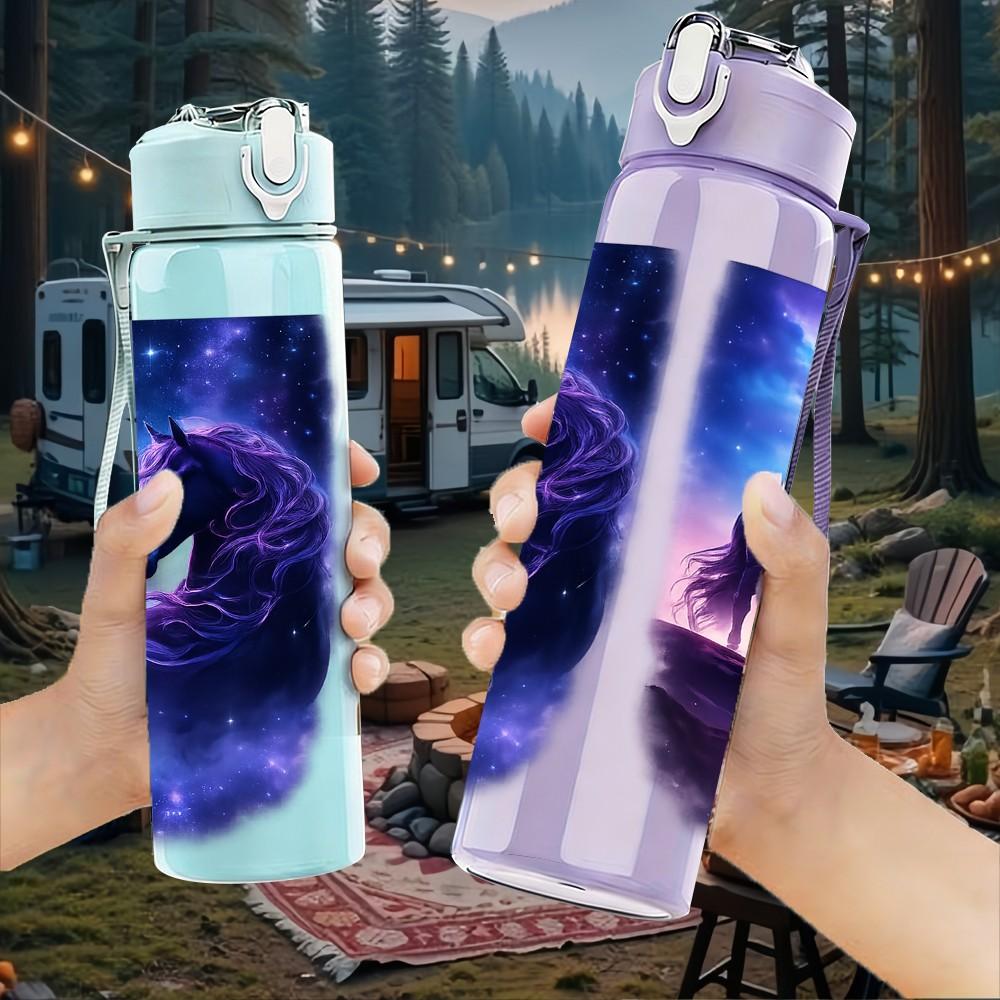 1PC Dark Galaxy Wolf Horse Fantasy Art 750ml Color Plastic Sports Water Bottle Leakproof Flip Straw Lid Suitable for Sports Office Home Use