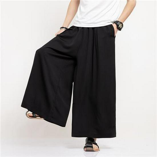 Men's Ice Silk Retro Chinese Style Drape Nine-Point Wide-Leg Pants