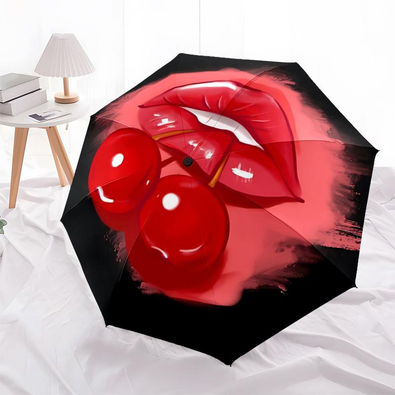 1pc Cherry Lips Automatic Folding Umbrella, 8-Rib Iron Frame, Casual Outdoor Accessory for Birthday Festival Gifts Yy251128180