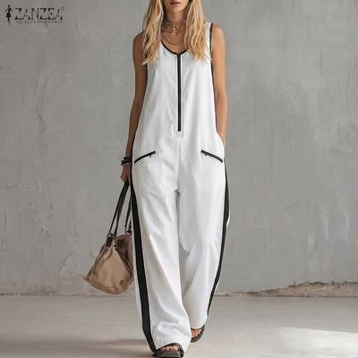 Macacões Longos Casuais Femininos com Gola Redonda, Sem Mangas e Largos