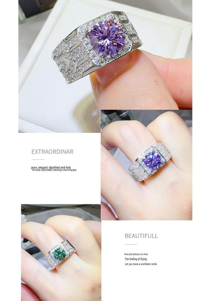 2 Carat Men's Silver-Plated PT950 Luxury Colored Moissanite Ring