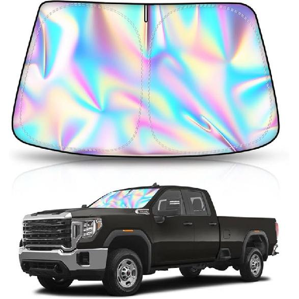 Holographic Reflective Car Windshield Sun Shade Compatible With GMC Sierra 1500 2500 HD 3500 HD 2014-2018, Foldable Reflective Window Sunshade For UV