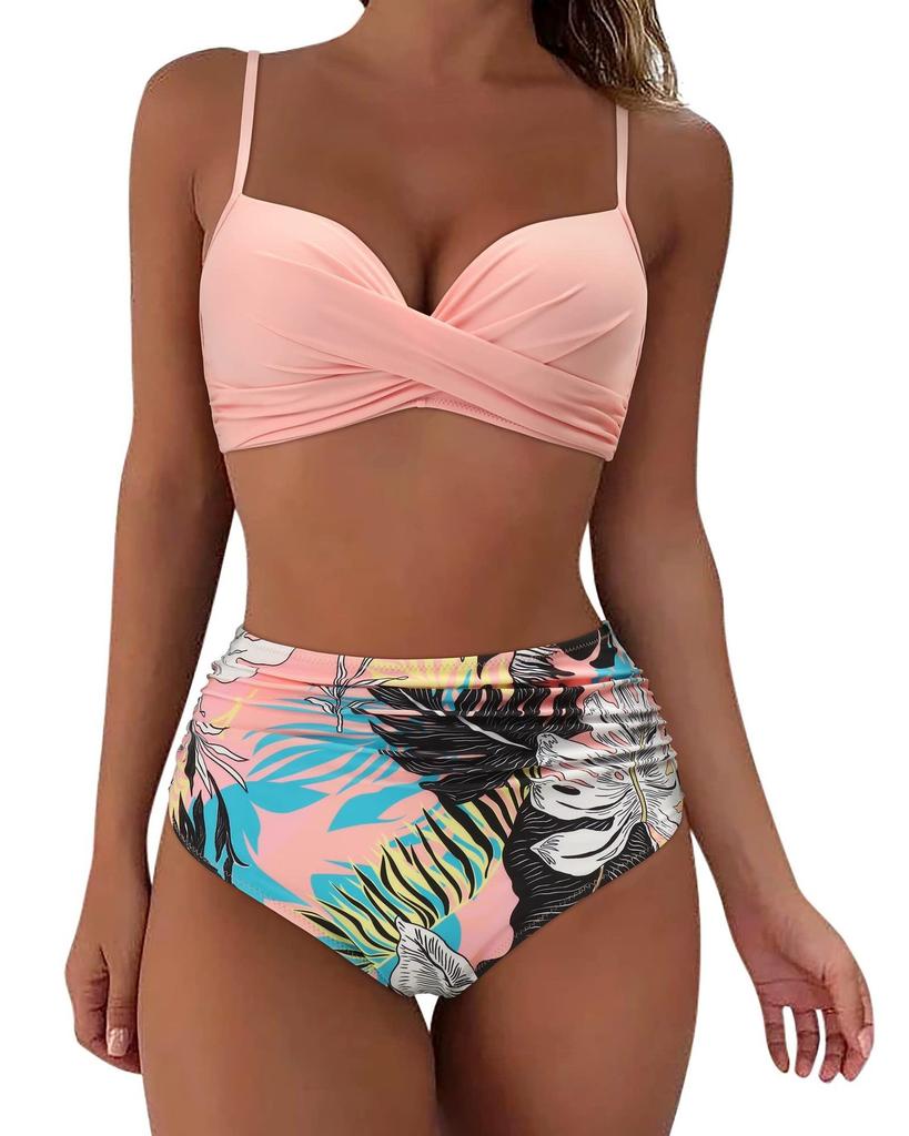 Women's Swimsuit Solid Color Pleated High Waist Sexy Bikini Tankini Beach Wear