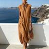 Women Stand Collar Sleeveless Dress Deep V Neck Side Slit Tunic Dress Casual Vacation Long Dress with Pockets