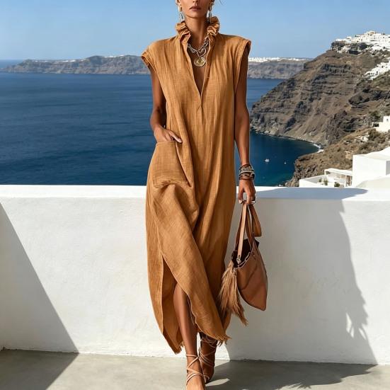 Women Stand Collar Sleeveless Dress Deep V Neck Side Slit Tunic Dress Casual Vacation Long Dress with Pockets