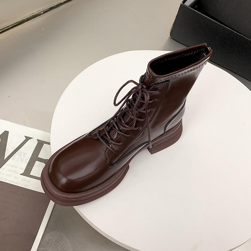 thick-soled Martin boots short boots women's leather spring and autumn single boots British style college lace-up elasticity increases and looks thin