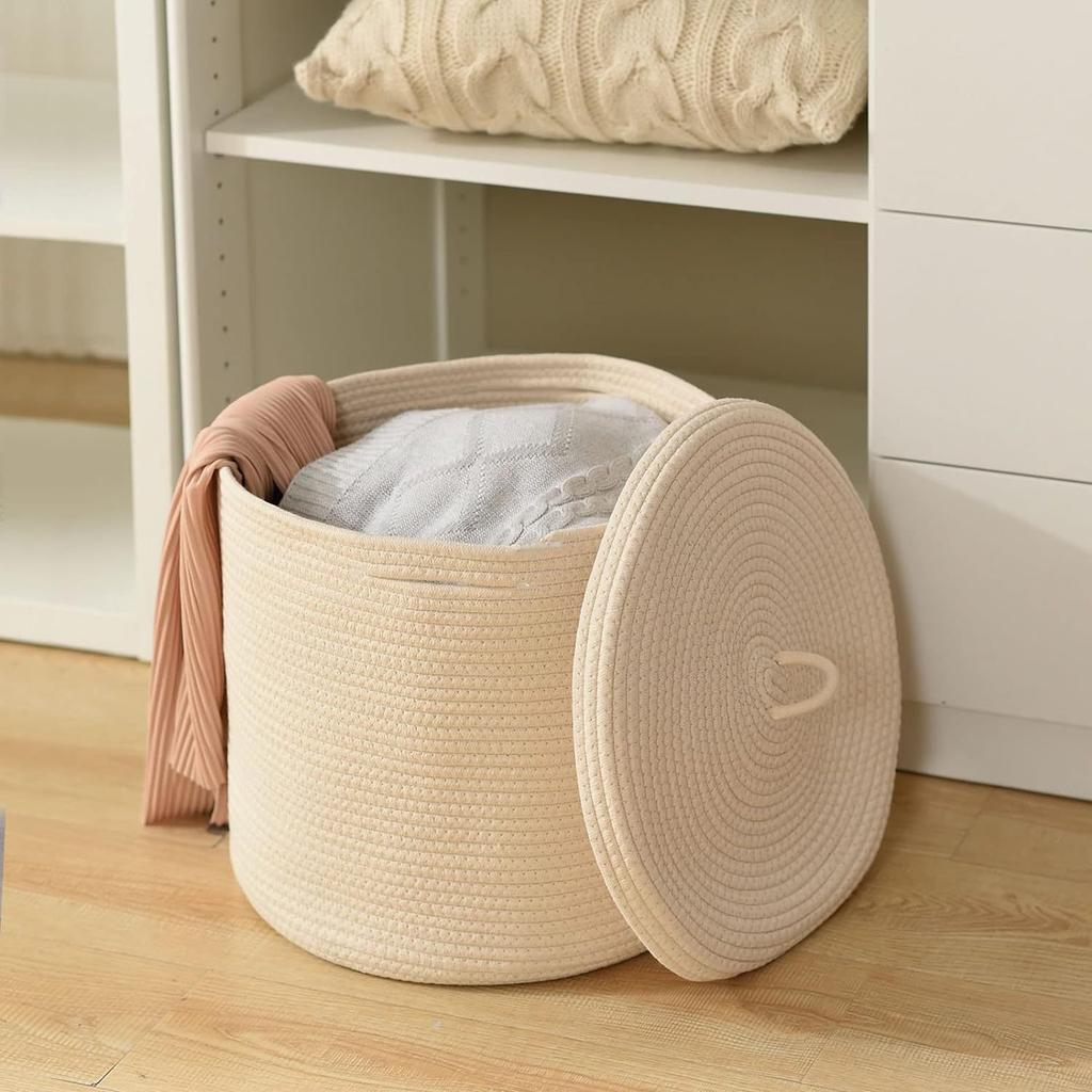 Cotton Rope Storage Basket with Lid Large Capacity Collapsible Laundry Storage Bag Organizer for Living Room Bedroom Kids Toys