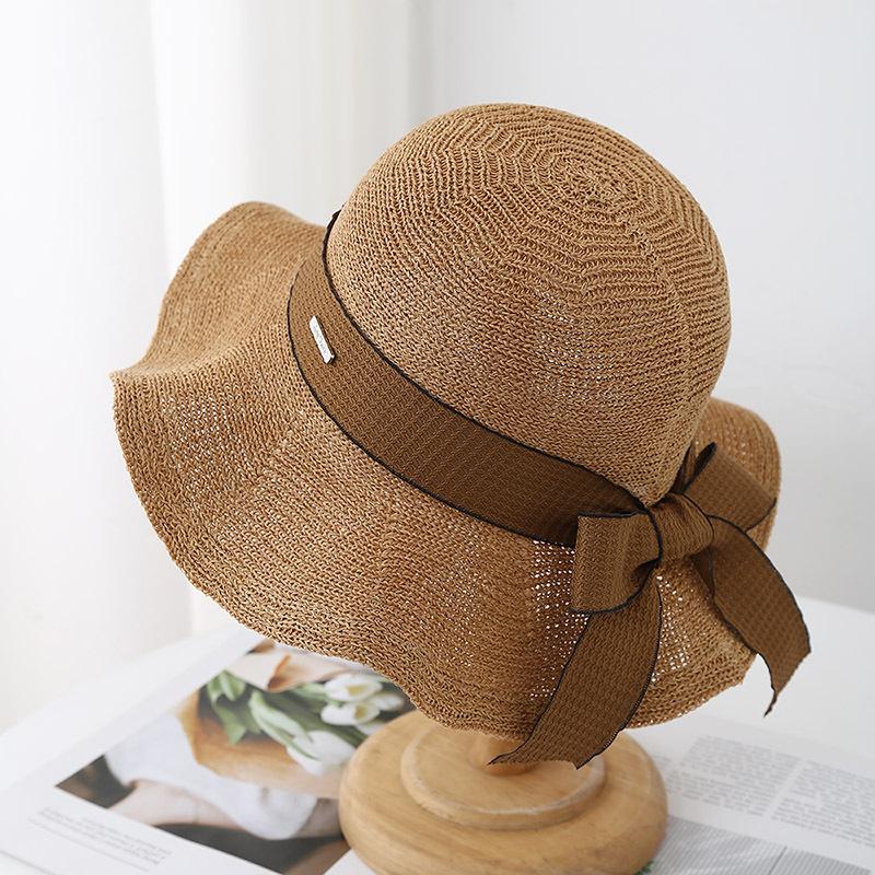 Women's Fisherman Hat With Bow Ribbon Metal Label Breathable Sun Protection Wide Brim Sun Hat For Outdoor Travel Korean Style