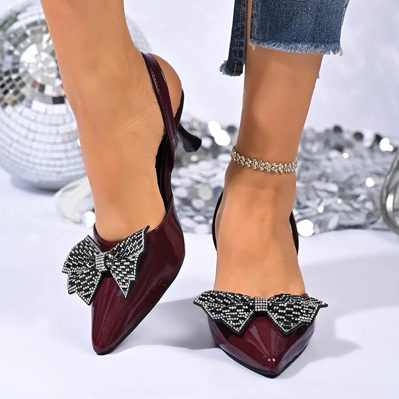 Fashion Fashion Bow-Knot Med Heel Sandals for Women Summer Thin Heel Pointed Toe Sandal Woman Luxury Slip On Plus Size Sandalias Mujer