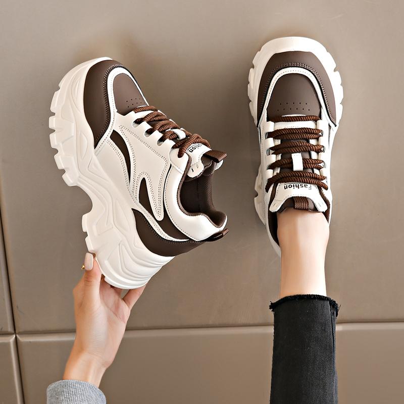 Fashion Mix Color Chunky Platform Sneakers Women Lace-Up Thick Bottom Vulcanzied Shoes Female Pu Leather Non-Slip Sports Shoes Woman