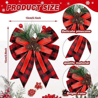 3 Pcs Christmas Bows with Pine Cones Needles Xmas Velvet Bow Red Ribbon Christmas Tree Wreath Decoration Indoor Crafts DIY Decor